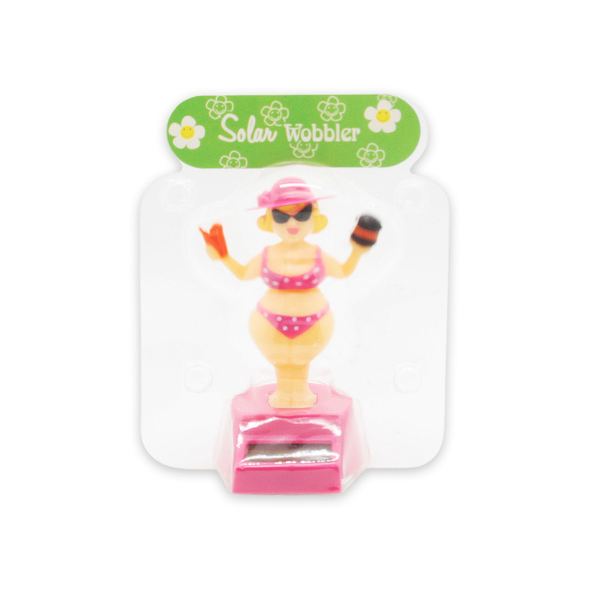 Solar Dancing Bikini Girl Toy in packaging, vibrant colors, perfect for summer decor or gifts.