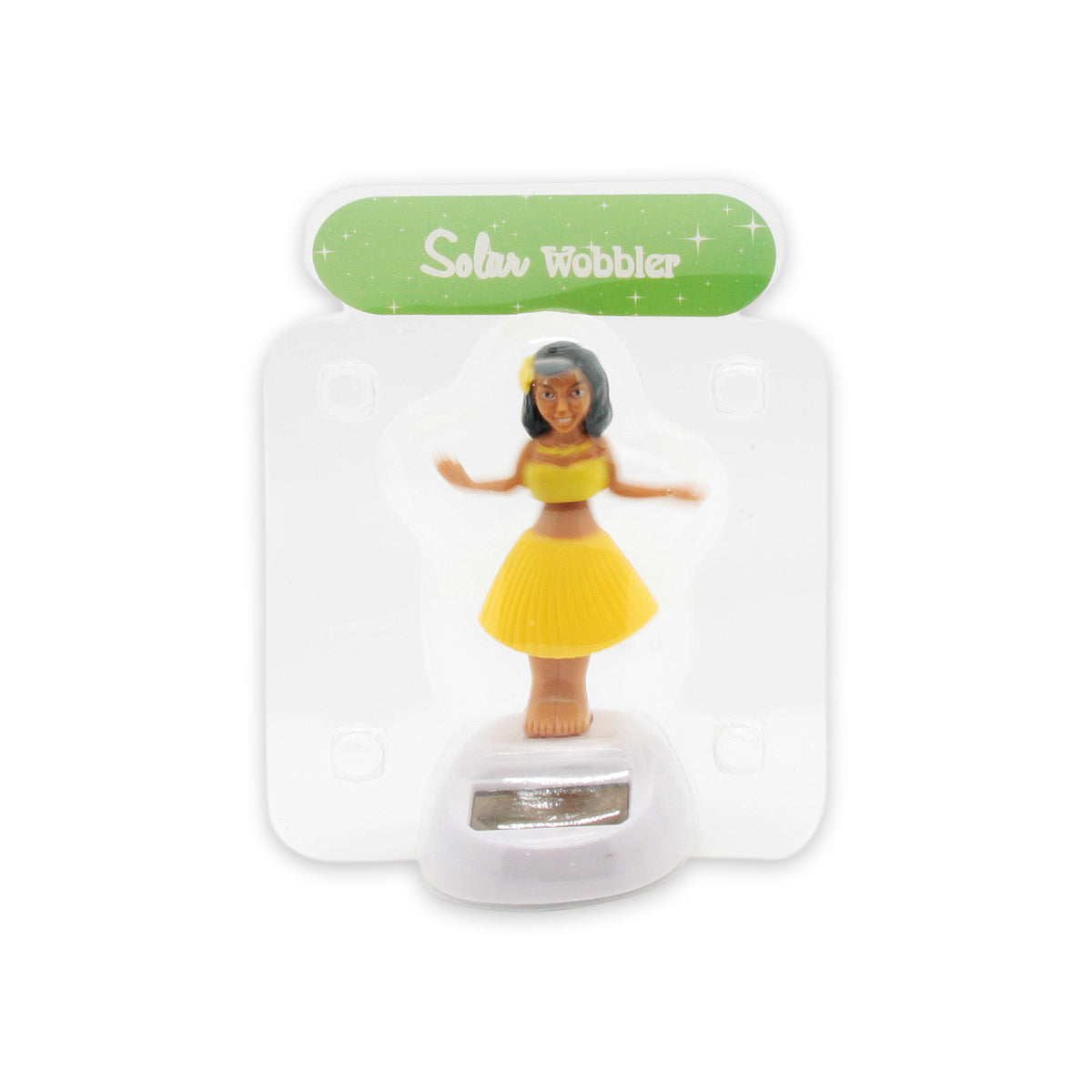 Solar Dancing Hula Girl Toy in bright yellow skirt and top, ideal for décor and fun!