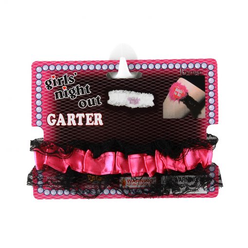 Hens Night Leg Band dress accessory featuring a pink and black garter for party celebrations.