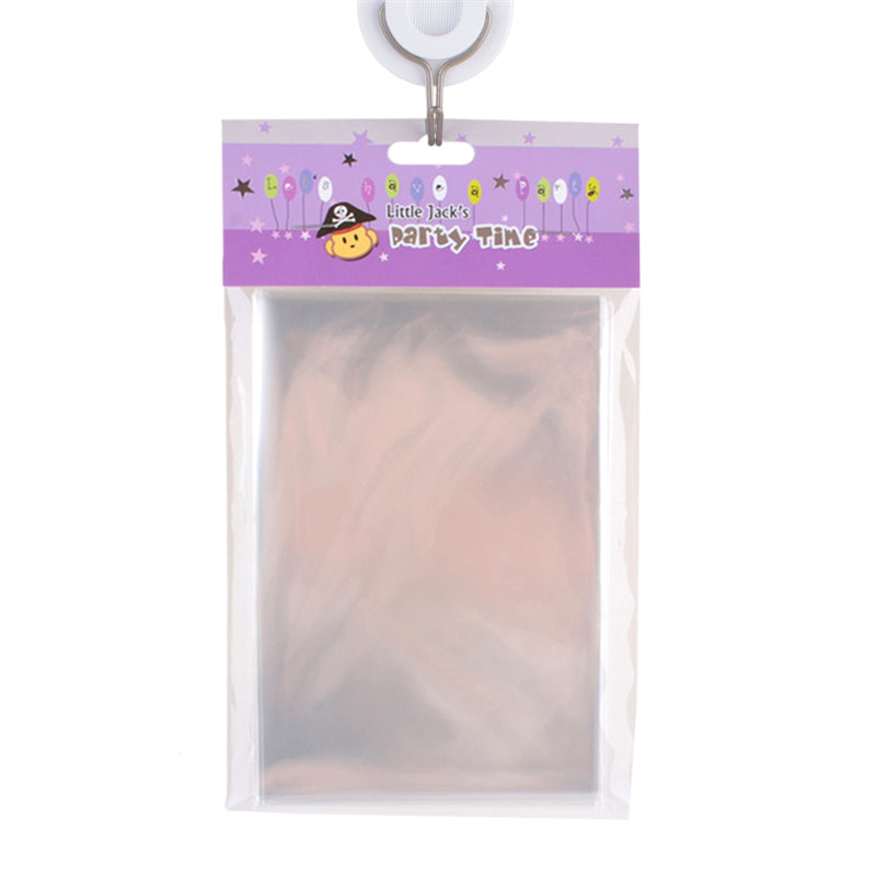 Clear Cellophane Bags – Self-Adhesive | Multiple Sizes packaging display with colorful party design and transparent bag.