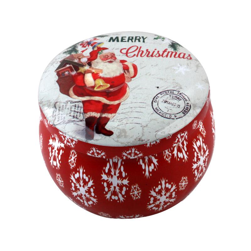 X-mas Tin Container for Christmas Small Gift (7*5CM) featuring Santa Claus design and festive snowflake pattern.