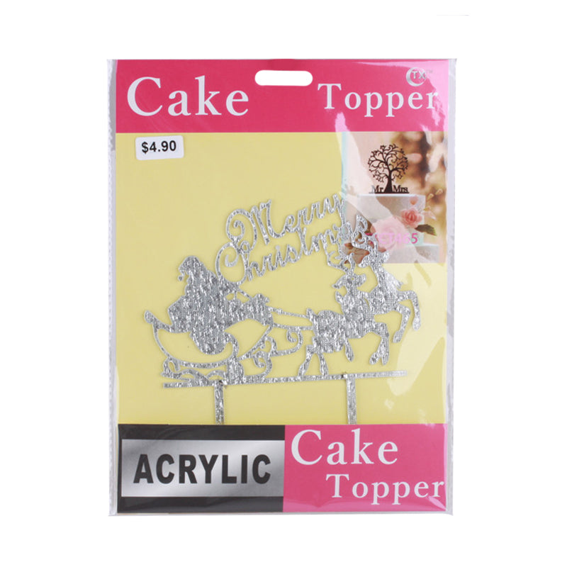 Cake Topper (XMR) featuring a shiny silver Merry Christmas design for festive celebrations.