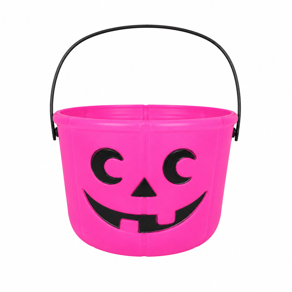 Pink Halloween pumpkin trick-or-treat bucket with black handle