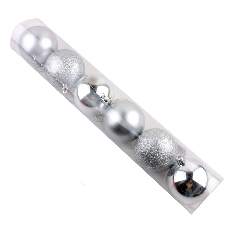 X-mas NR Ball (6PCS,6CM) silver glitter and shiny Christmas ornaments in a clear tube packaging.