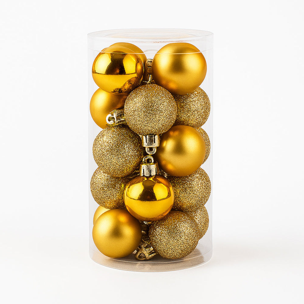 X-mas NR Ball (24PCS,3CM) in gold color, decorative Christmas ornaments in transparent container.