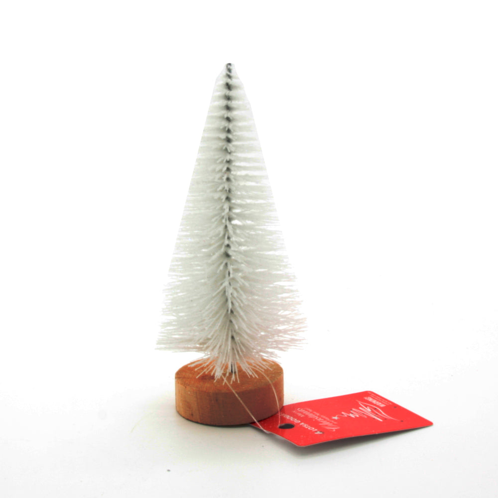 X-mas Tree (Mi/W) in white with wooden base, perfect for holiday decorations.