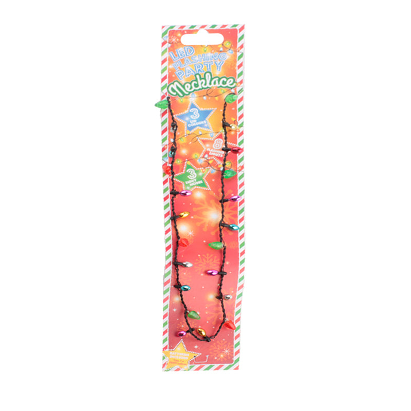 Light up necklace featuring colorful LED lights on a festive packaging.