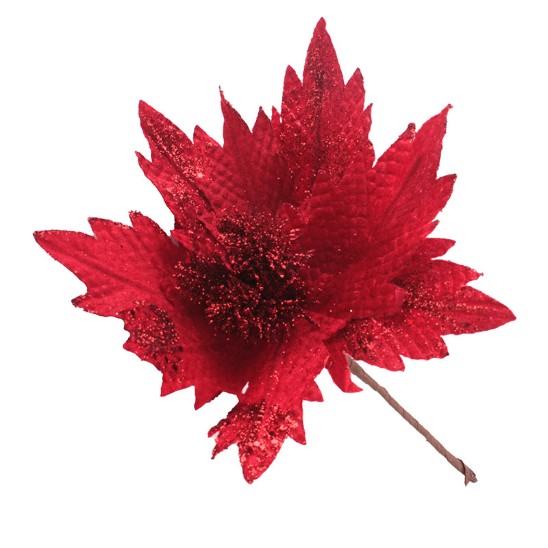 Glitter Poinsettia Pick – Red Artificial Christmas Flower Decoration with shimmering glitter accents and layered petals.