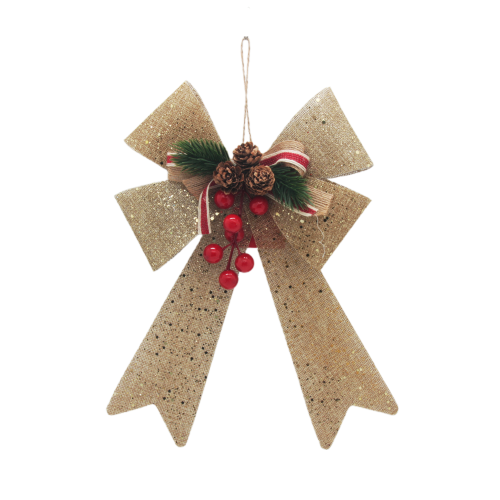 🎀 Xmas Deco Ribbon with Holly & Pinecones, glittery burlap bow with pinecones and red holly berries for festive décor.