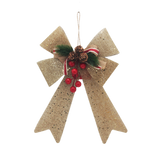 🎀 Xmas Deco Ribbon with Holly & Pinecones, glittery burlap bow with pinecones and red holly berries for festive décor.