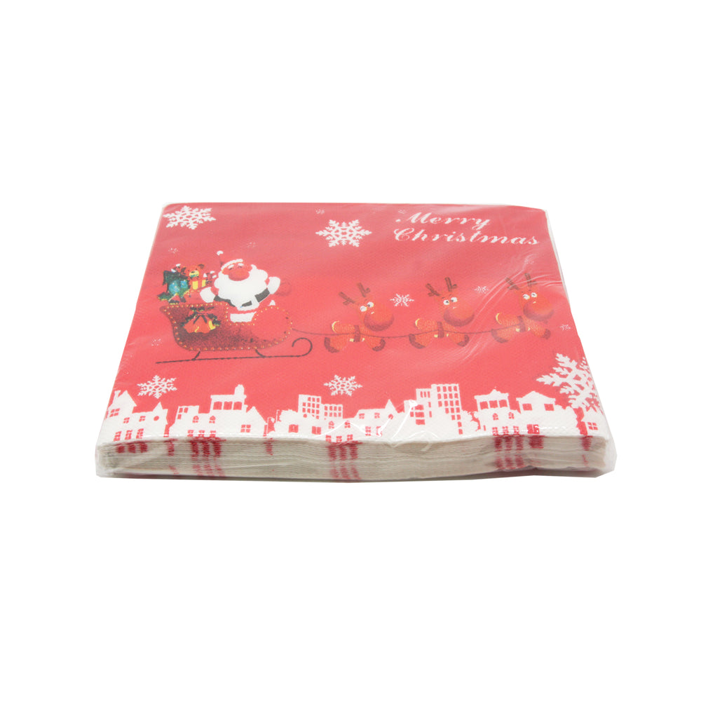 X-mas Serviette design featuring Santa and reindeer on a festive red background with snowflakes.