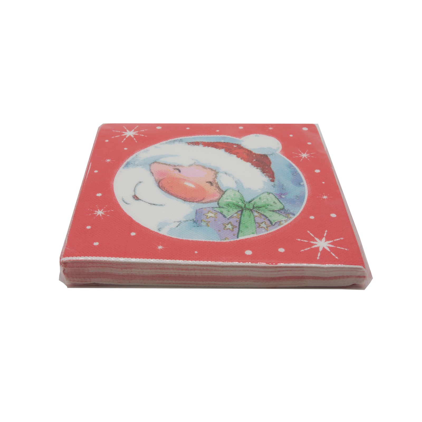 X-mas Serviette featuring a cheerful Santa Claus design in festive colors with stars on a red background.