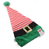 X-mas Hat Elf w Belt featuring a striped red and white design with a fluffy green bottom and a gold belt.