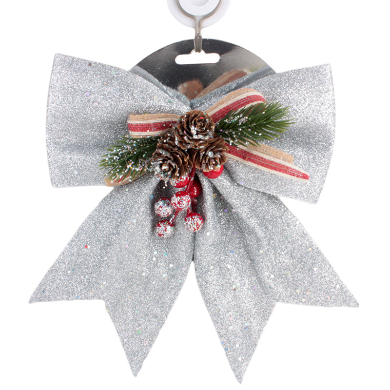 X-mas Holly Ribbon – Silver Decorative Christmas Bow (20×25cm) with holly, pine cones, and red accents.