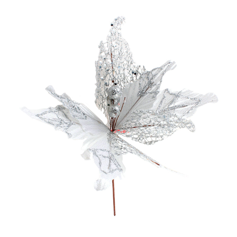Christmas Flower Stick (55-6) decorative floral accent with silver details for holiday arrangements