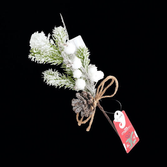 Holly White decorative sprig with pinecones and snow-like accents on a black background.