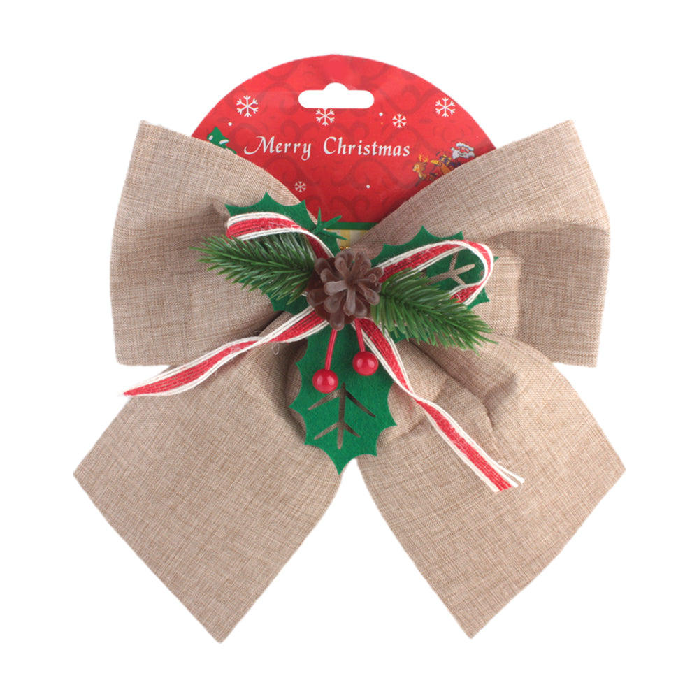 X-mas Deco Ribbon Hemp decorative bow with festive holly and pine accents for Christmas decorations.