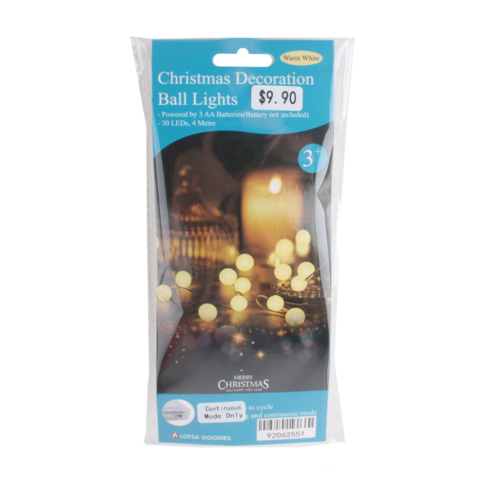 Christmas Decoration Ball Lights(Warm White) packaging showing 30 LED lights for festive decorating.