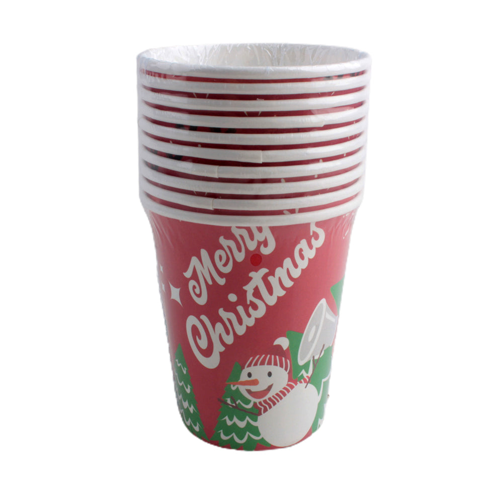 X-mas Paper Cup(10PCS) featuring festive design with snowman and Christmas trees, perfect for holiday celebrations.