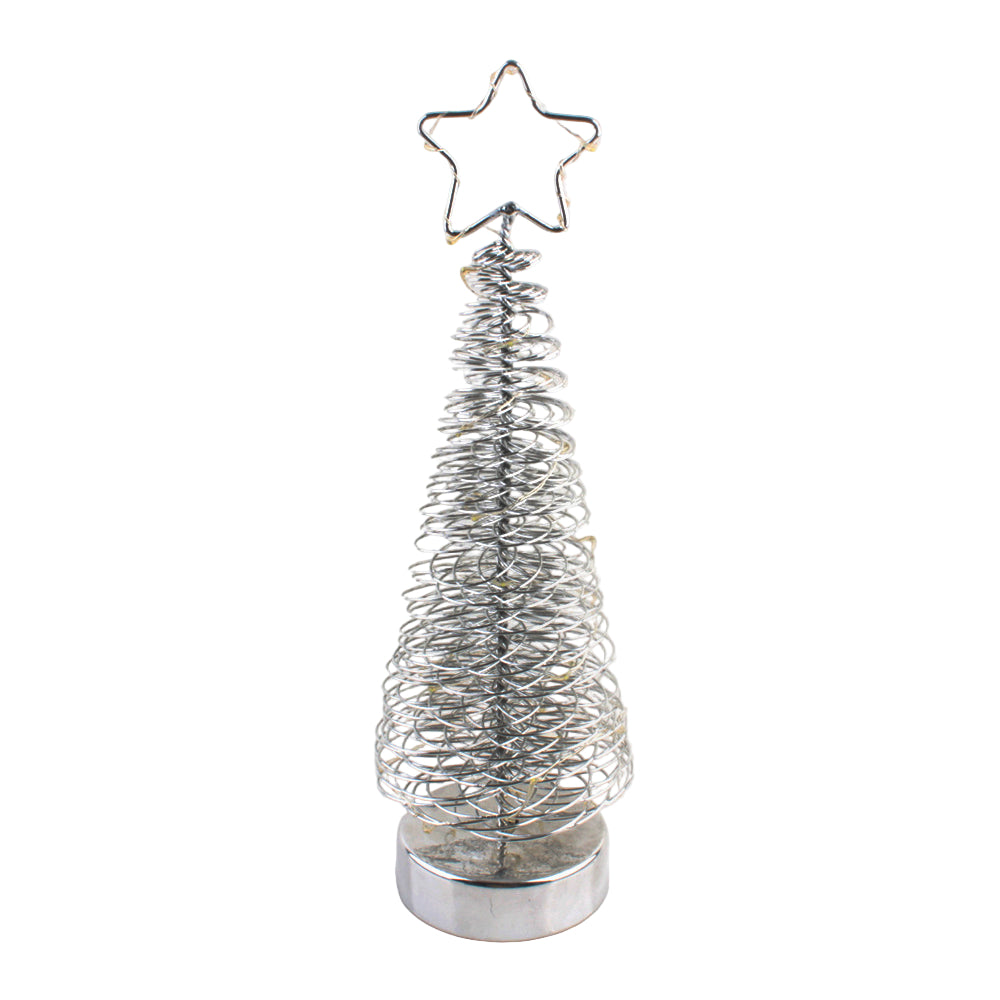 LED Silver Wire Christmas Tree – Light Up Spiral Tree with Star Top on a sturdy base, glowing in silver elegance for holiday decor.