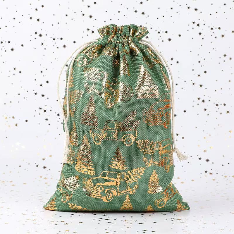 X-mas H.D.Pouch(50*70CM) featuring festive green design with gold patterns of trees and trucks.
