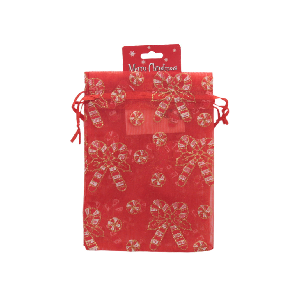 X-mas N.Pouch(2PCS/13*18CM) in red with candy cane and bow patterns, ideal for Christmas gift wrapping.