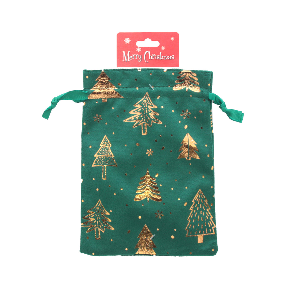 Q.X-mas Pouch(13*18CM) featuring a green design with golden Christmas trees and a festive tag.
