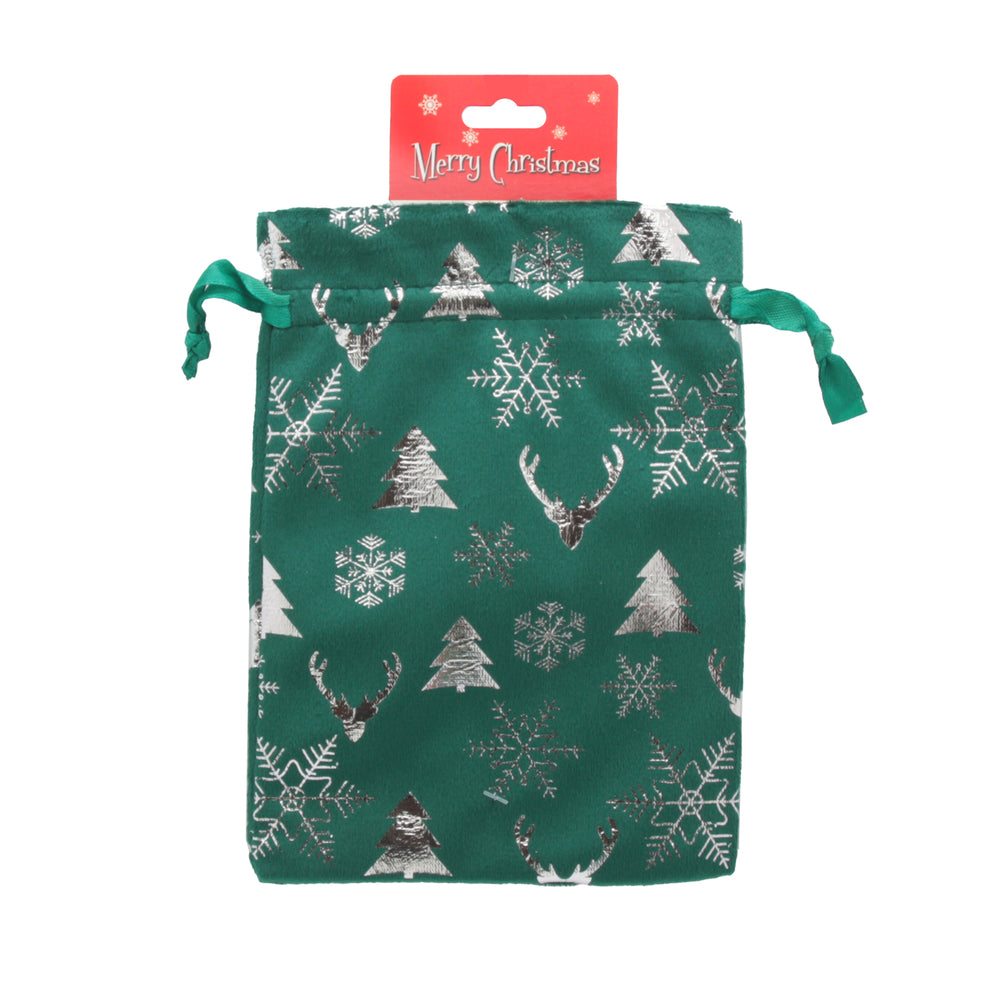 Q.X-mas Pouch(13*18CM) with festive green design featuring Christmas trees and snowflakes.