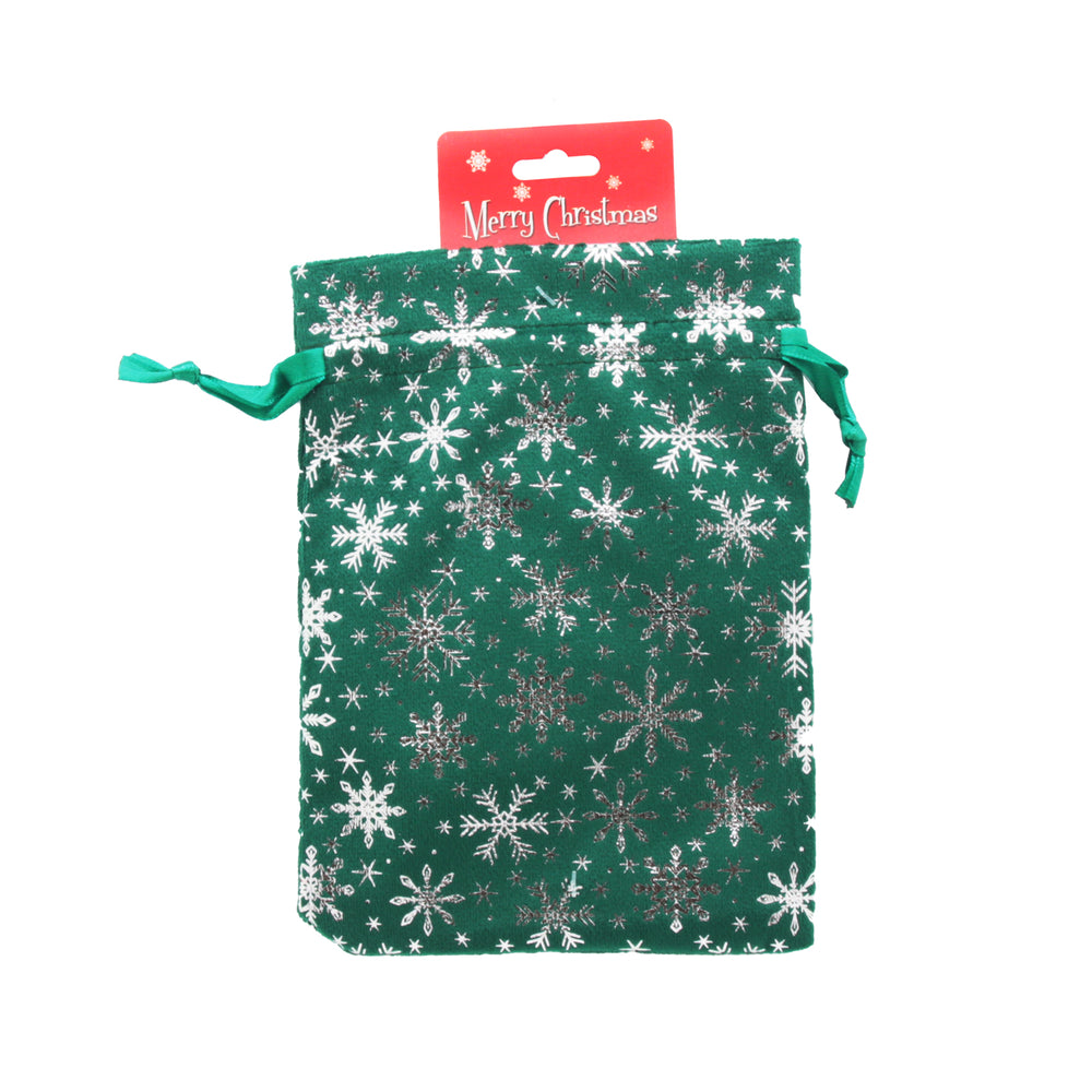 Q.X-mas Pouch(13*18CM) featuring a green snowflake design and a ribbon closure for holiday gift wrapping.