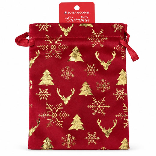 Christmas drawstring gift pouch 13 x 18cm - Red Gold Reindeer & Snowflakes