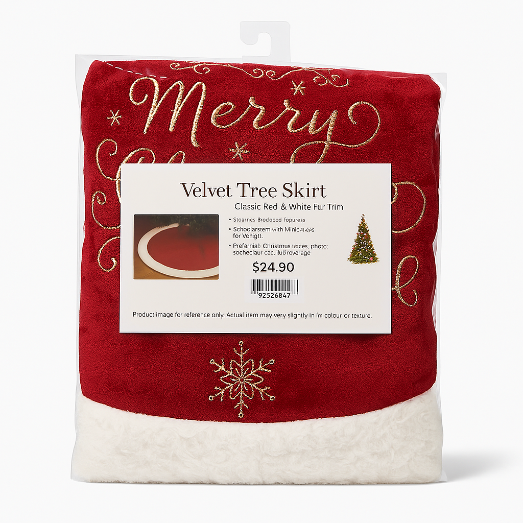 V. Christmas Tree Skirt in red velvet with white fur trim and gold embroidery detailing.