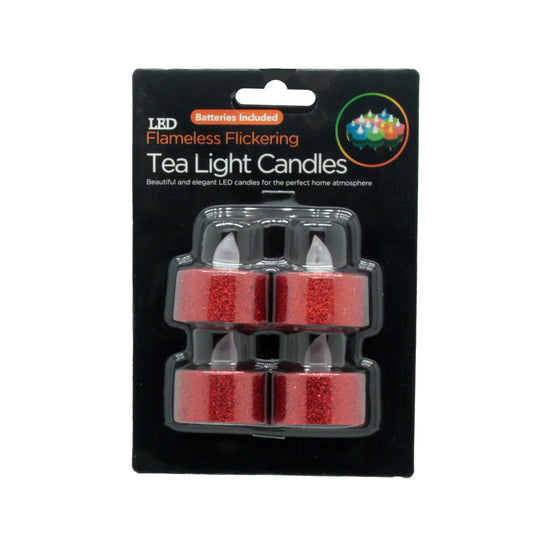 Red Battery LED Tealight Candles - set of 6 flameless flickering tea light candles with batteries included.
