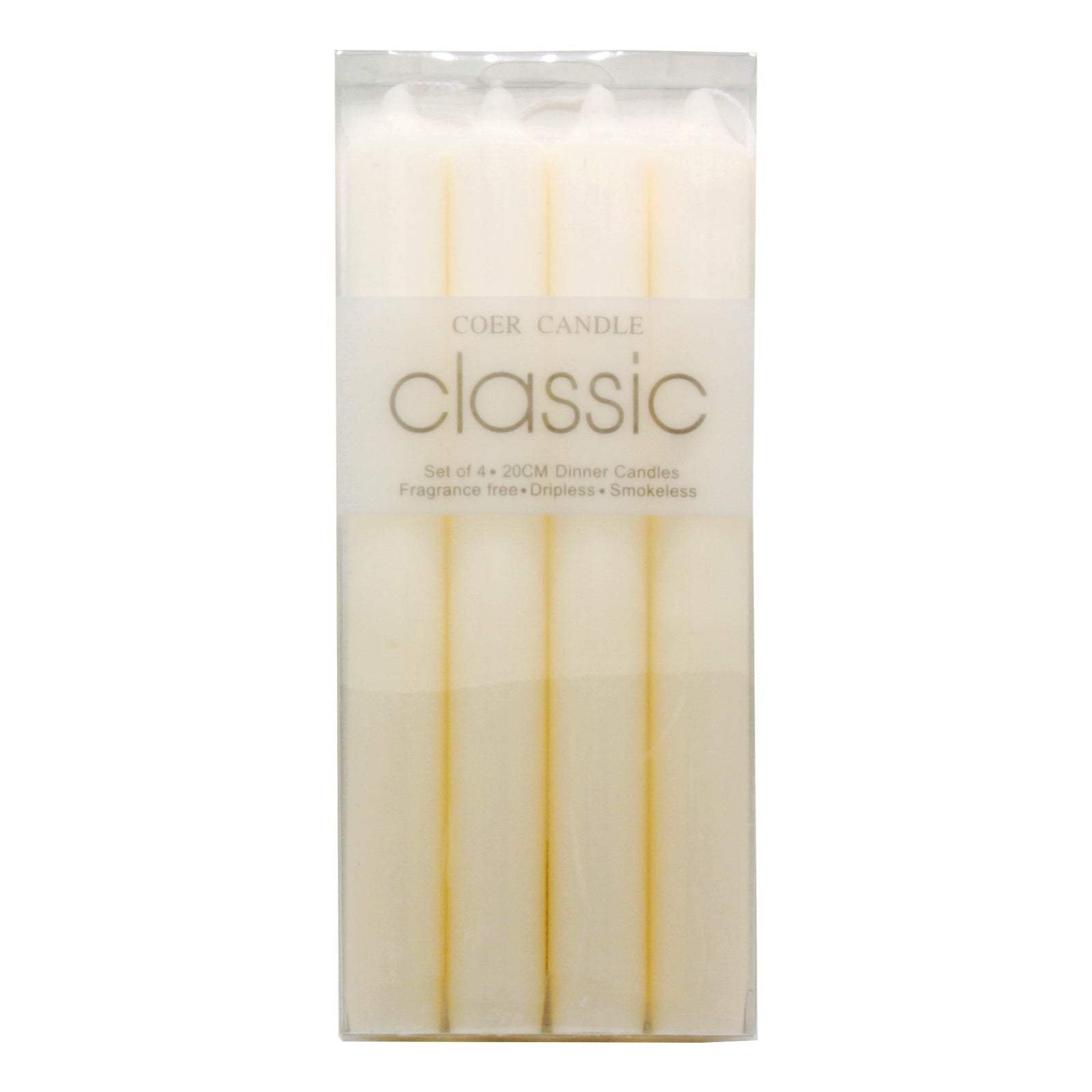 Classic Taper Candles White(4PCS/2.2*20CM) in clear packaging, unscented, ideal for elegant occasions.