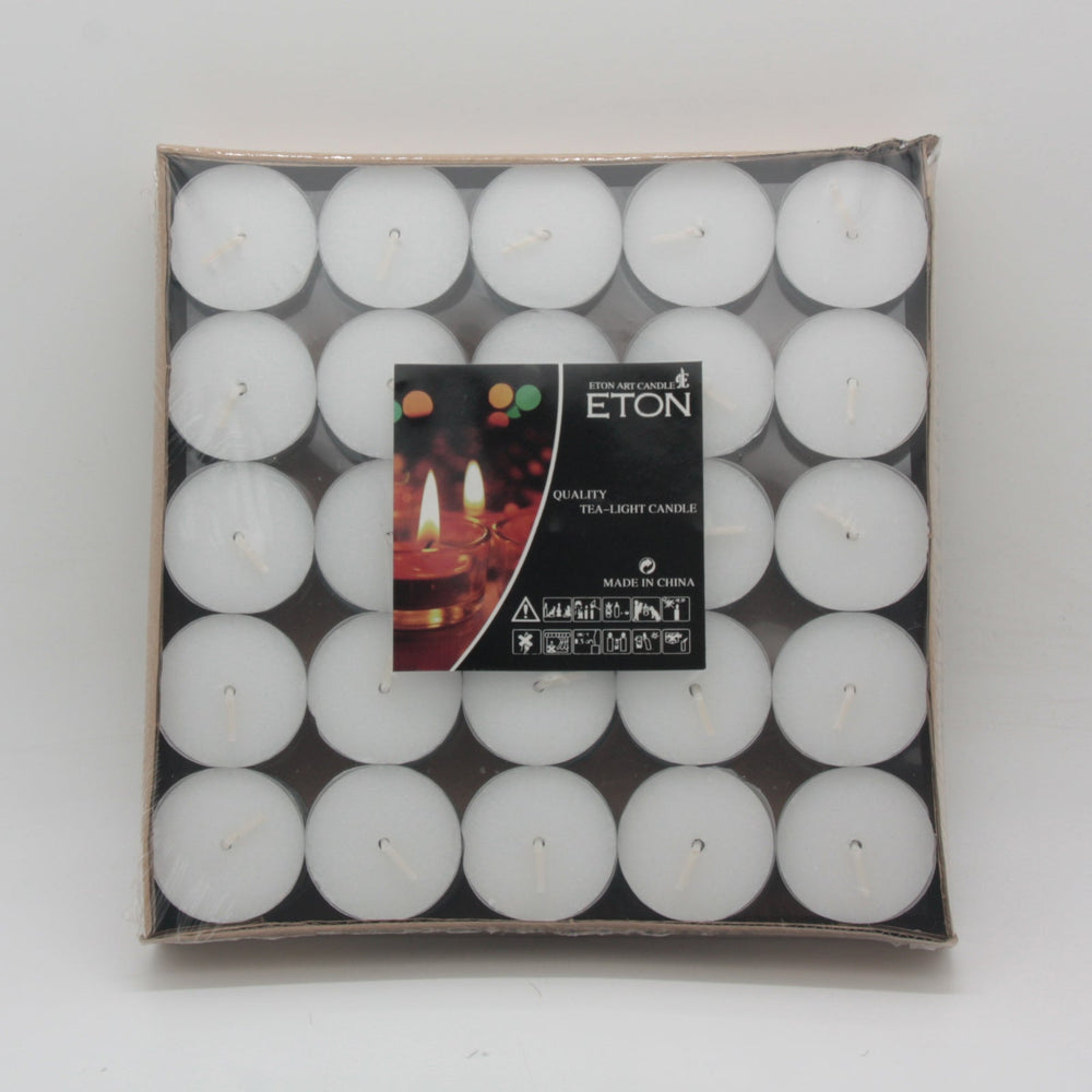 White Tealight Candles(50PCS) packaged in a box, featuring 50 unscented candles for versatile home use.