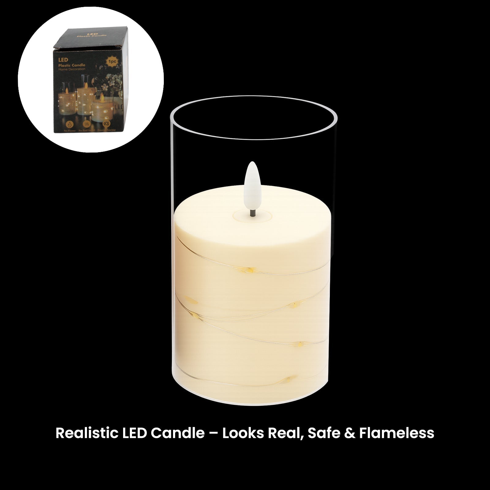 LED Wrapped Flameless Candle(7.5*12.5CM) in a clear holder for safe and stylish home décor, perfect for any occasion.