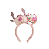 Glitter Antler Headband with pink plush and sparkling antlers, perfect for festive celebrations.