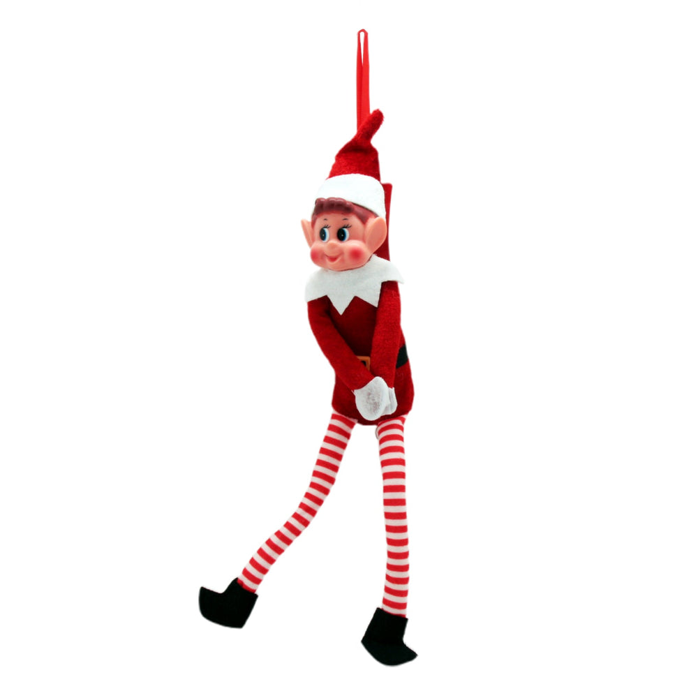 Christmas Elf Plush(30CM) hanging toy with red and white striped legs and a cheerful elf face.
