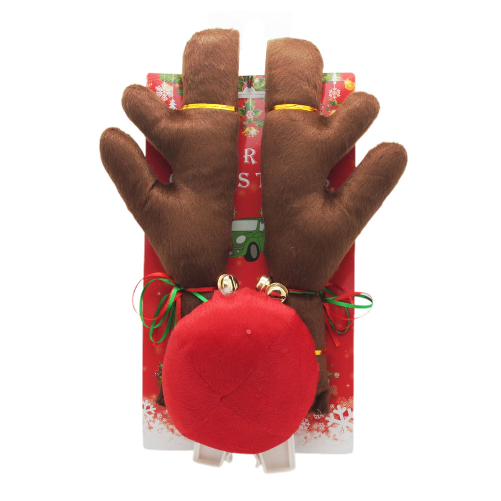 Rudolph Car Decoration Set featuring brown reindeer antlers and a red nose for festive vehicle decor.