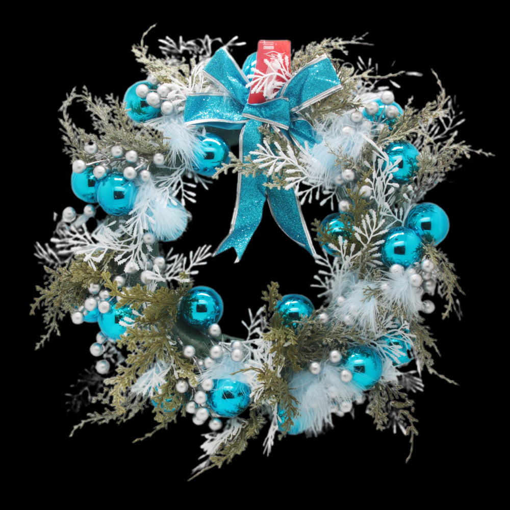 Winter Blue Holiday Wreath(45CM) adorned with blue ornaments, white accents, and a snowflake bow.