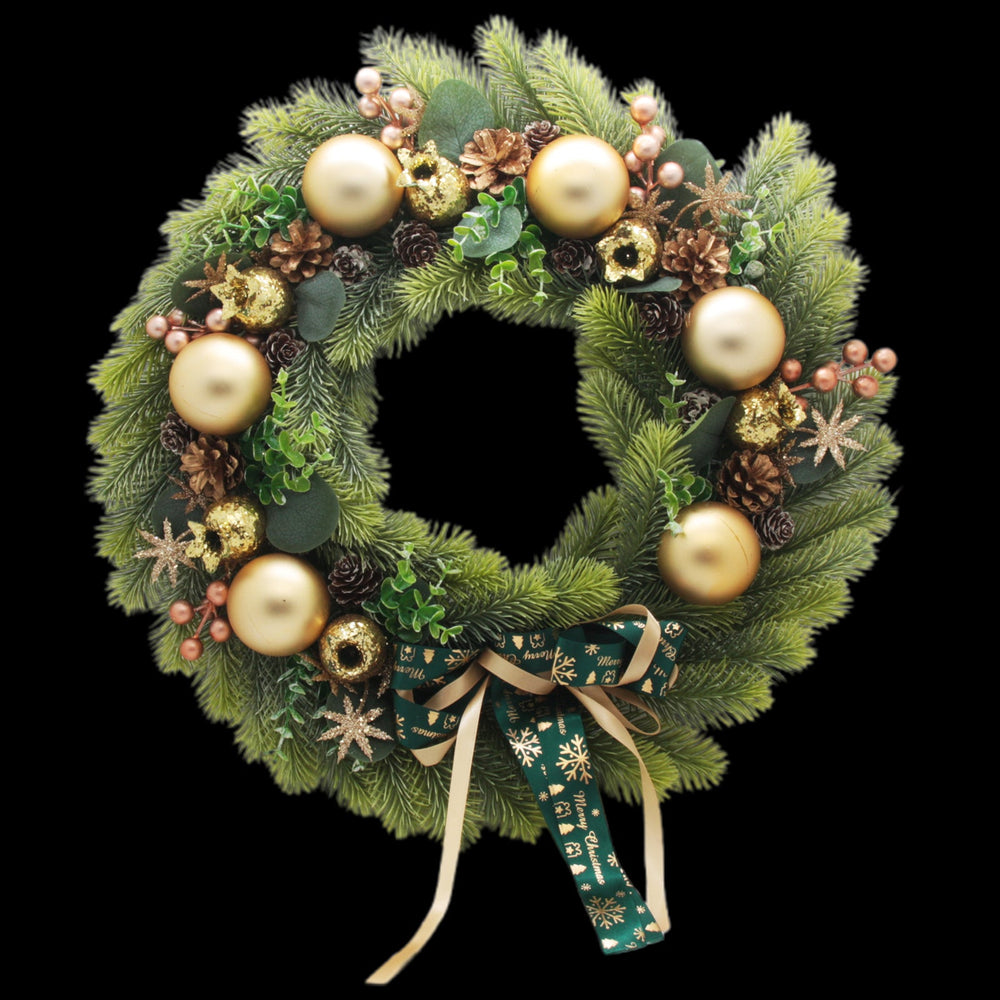 Luxury Green-Gold Holiday Wreath(50CM) adorned with golden ornaments and pinecones.