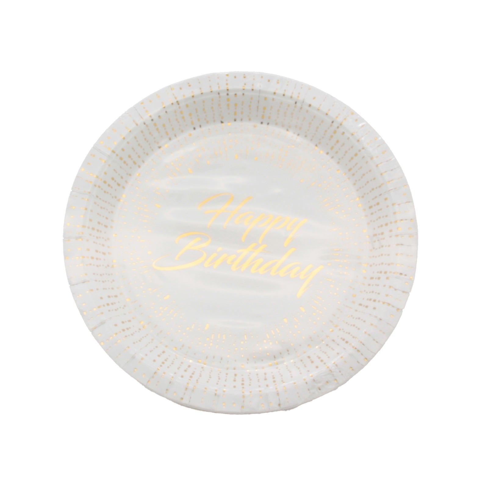 Happy Birthday G.Plate(18CM,10PCS) with gold lettering on a white plate for celebration.