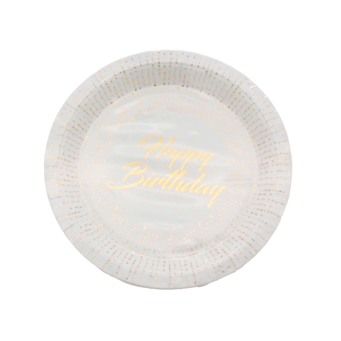 Happy Birthday G.Plate(18CM,10PCS) with gold lettering on a white plate for celebration.