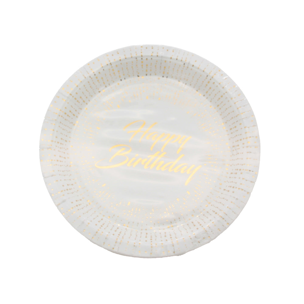 Happy Birthday G.Plate(18CM,10PCS) with gold lettering on a white plate for celebration.