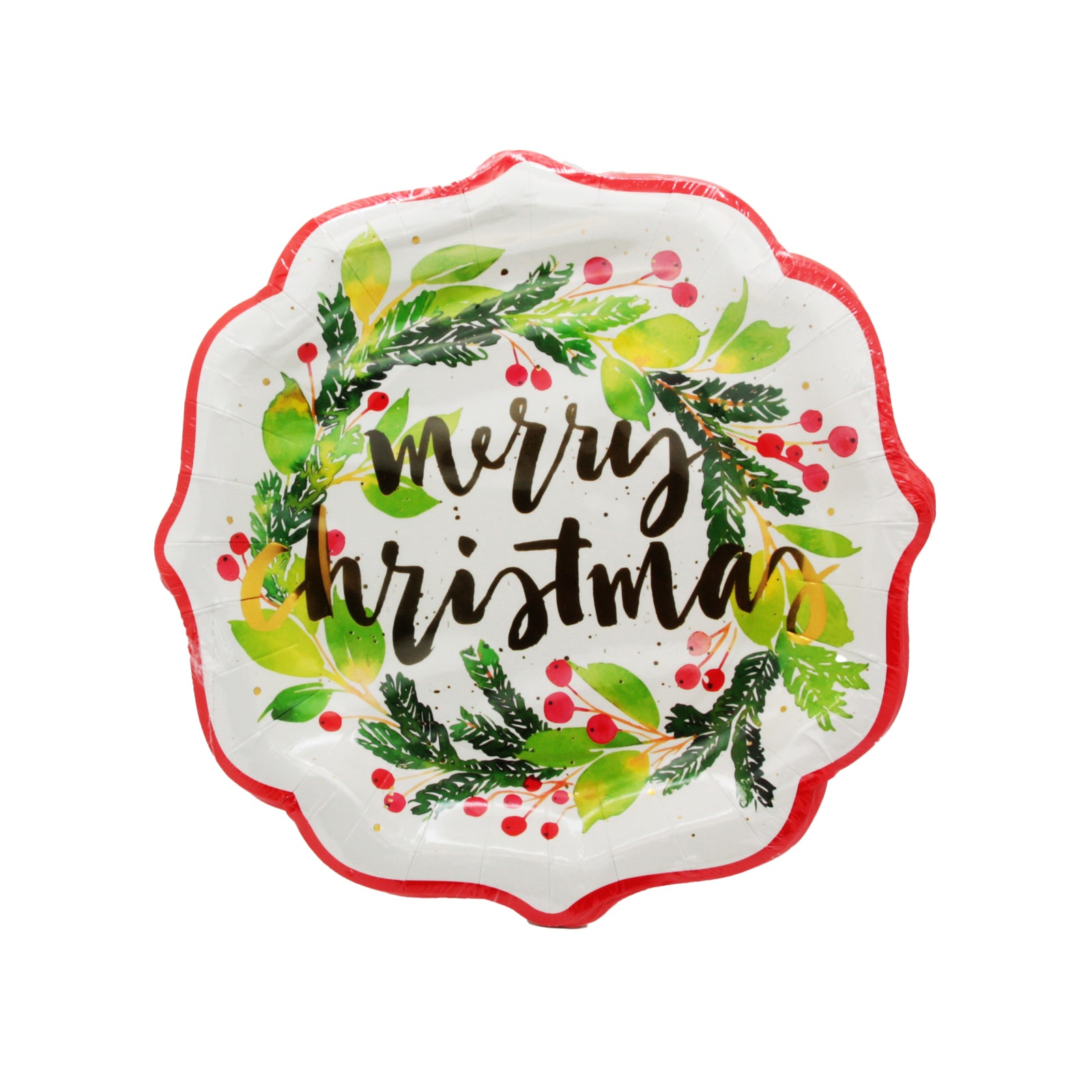 Christmas Plate(23CM,10PCS) featuring a festive design with a wreath and 'merry Christmas' text.
