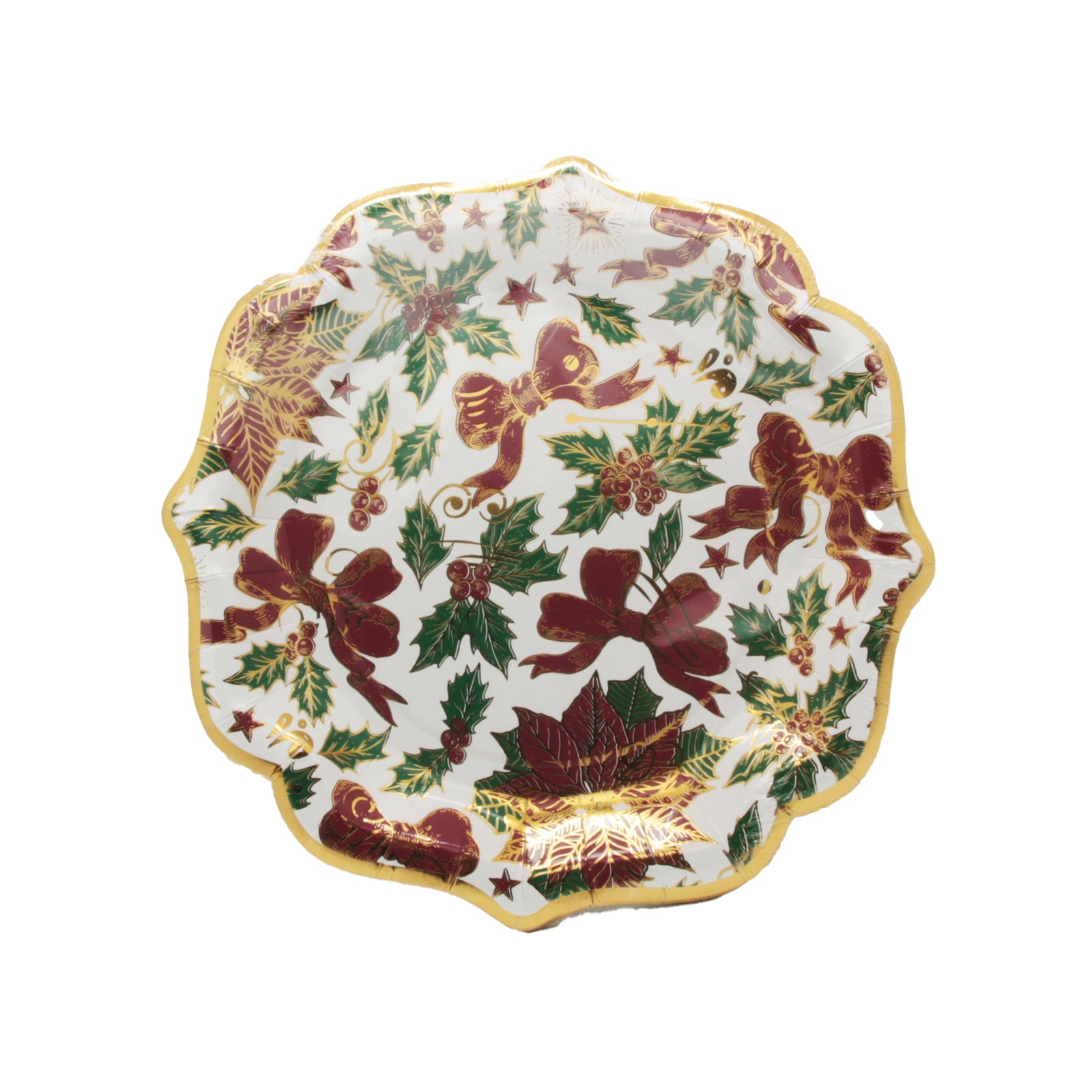 Christmas Plate(23CM,10PCS) featuring festive holiday designs in red and green with gold accents.