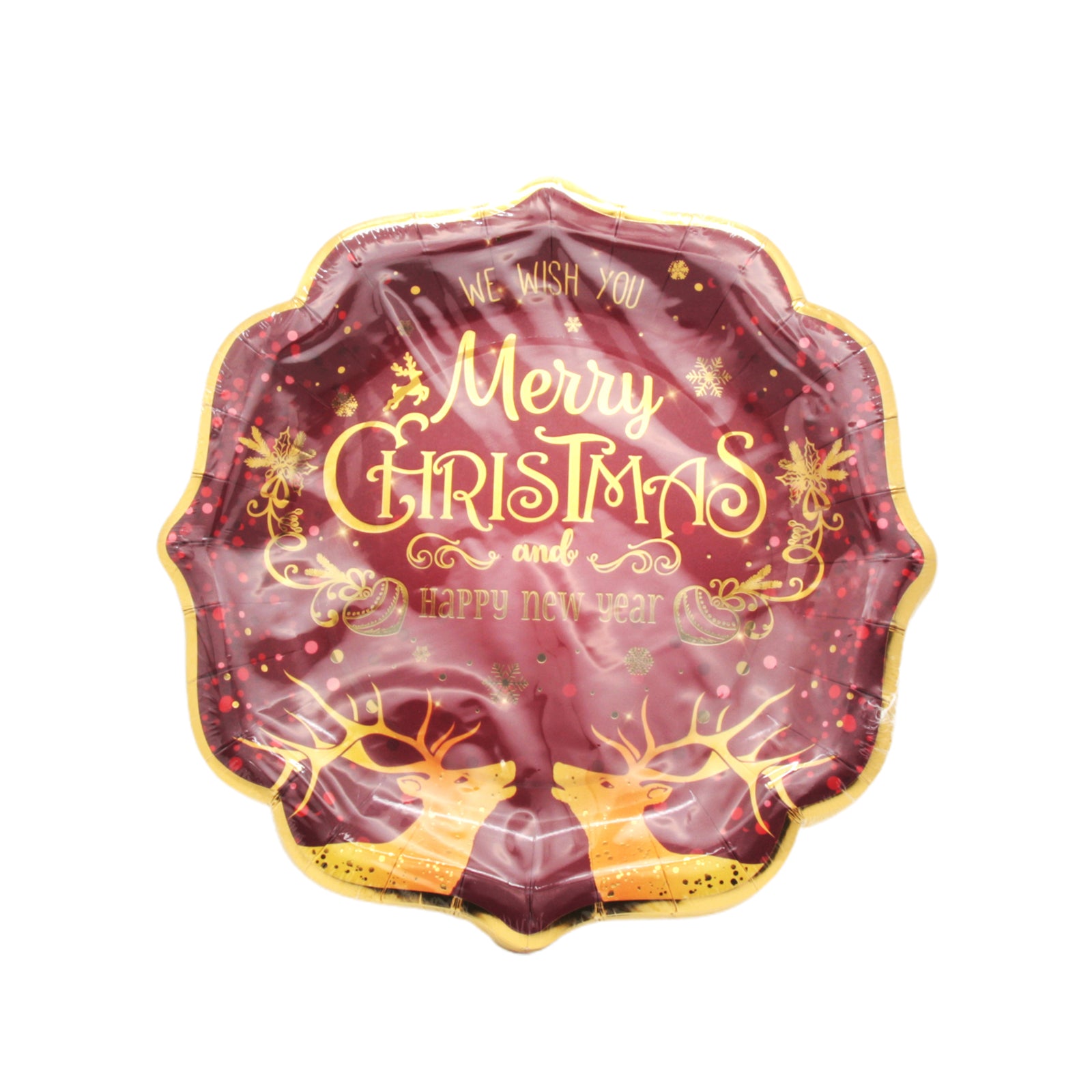 Christmas Plate(23CM,10PCS) featuring festive design with 'Merry Christmas' text and reindeer motif.