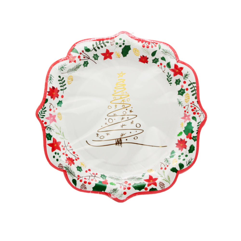 Christmas Plate(23CM,10PCS) with festive tree design and floral border for holiday celebrations.