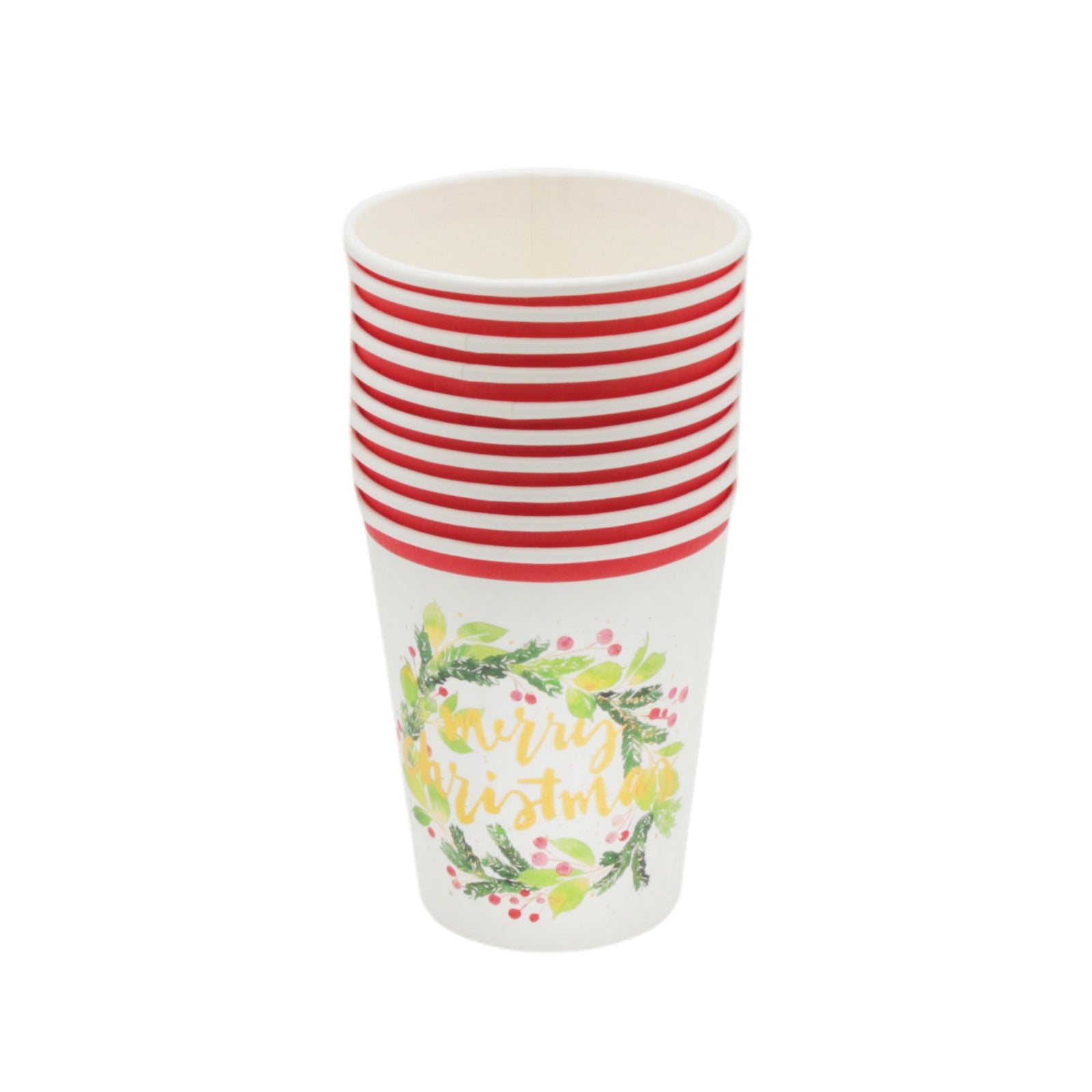 Christmas Cup(10PCS) decorated with festive designs and red stripes, perfect for holiday celebrations.
