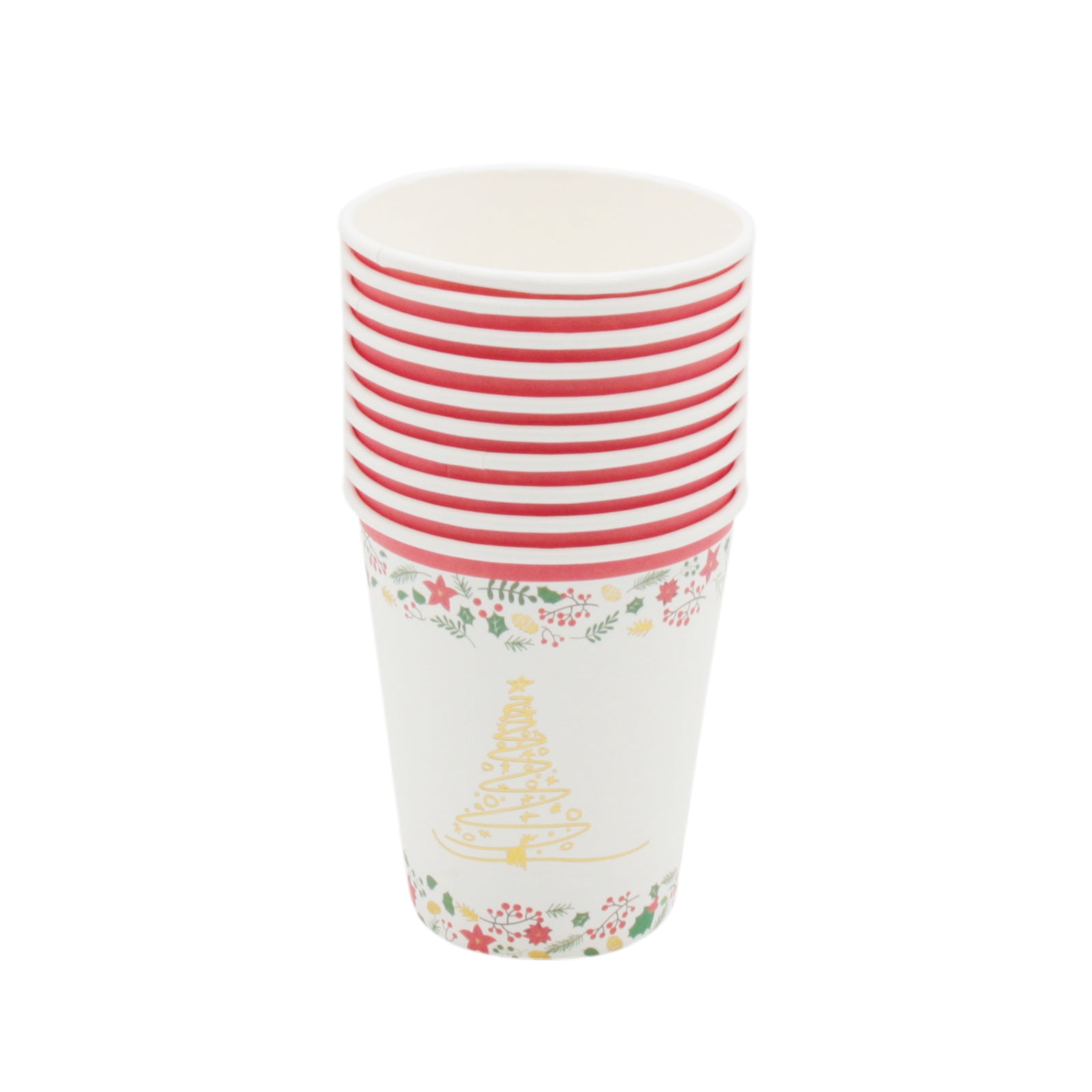 Set of Christmas Cup(10PCS) features festive design with red stripes and holiday-themed decorations.