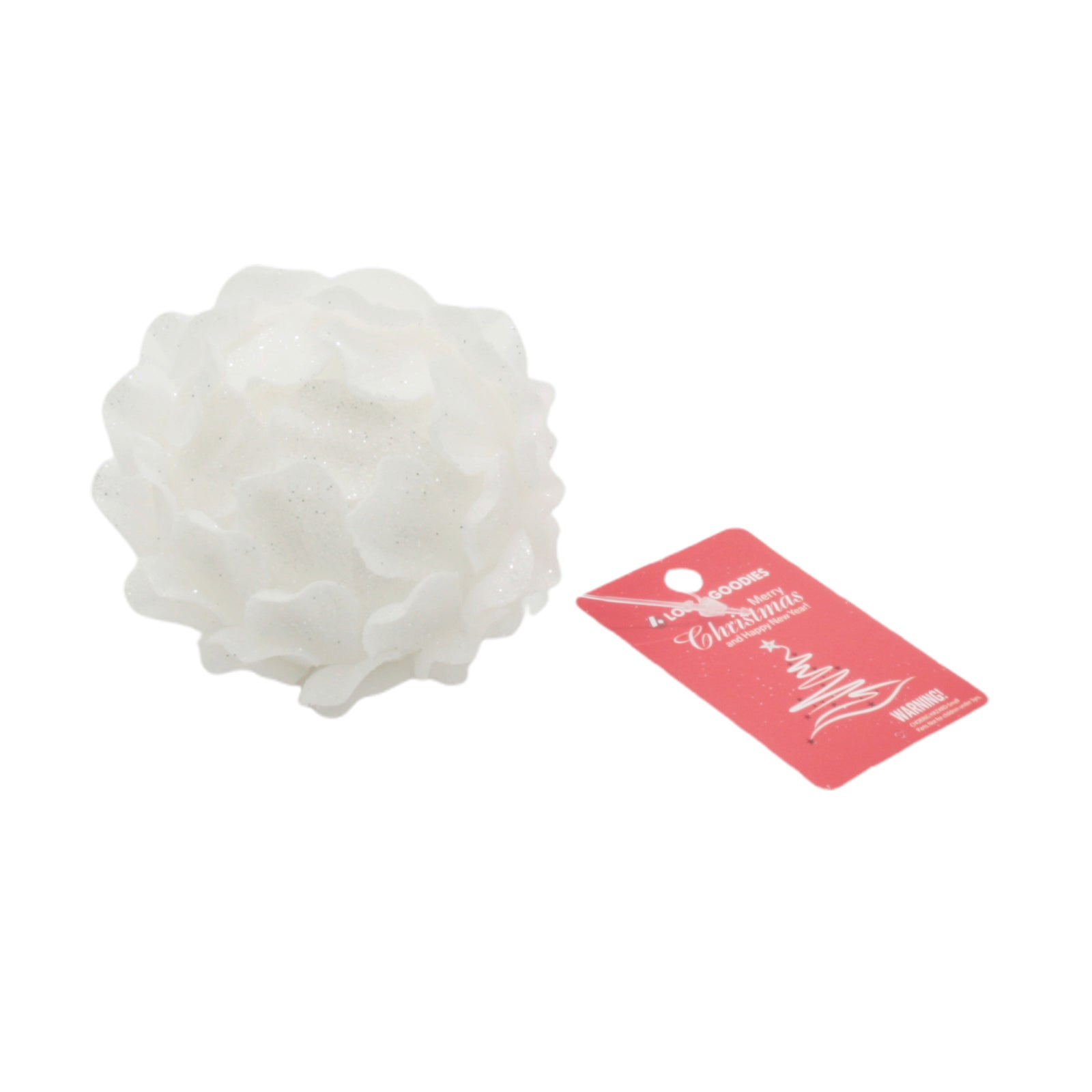 White decorative Christmas Ball(W) with shimmering petals and a pink tag for holiday decor.
